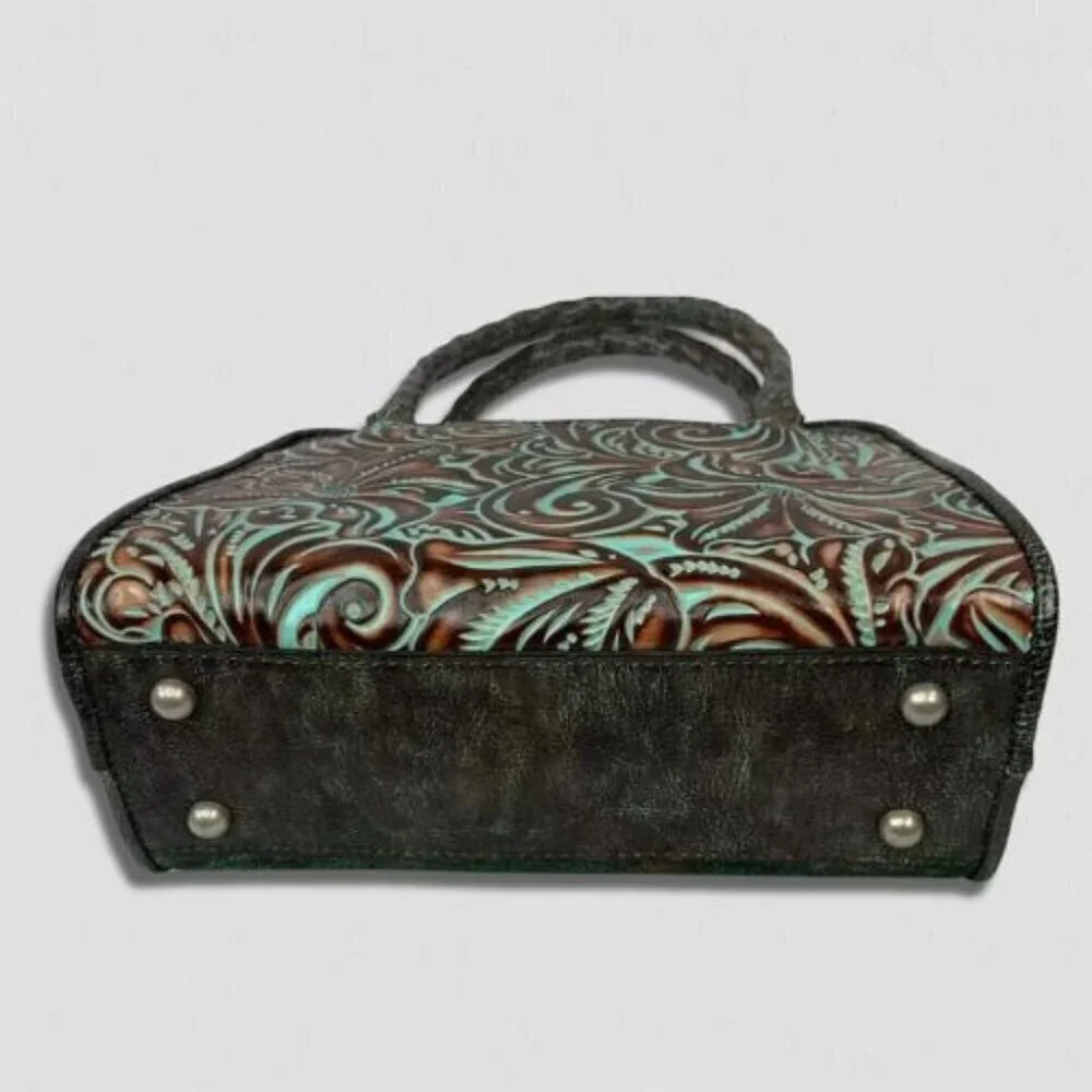 Patricia Nash Paris Satchel Handbag Twisted Rope Handle Leather Brown/Turquoise
